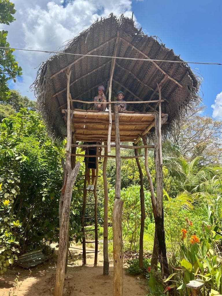 Kids at a jungle treehouse hut