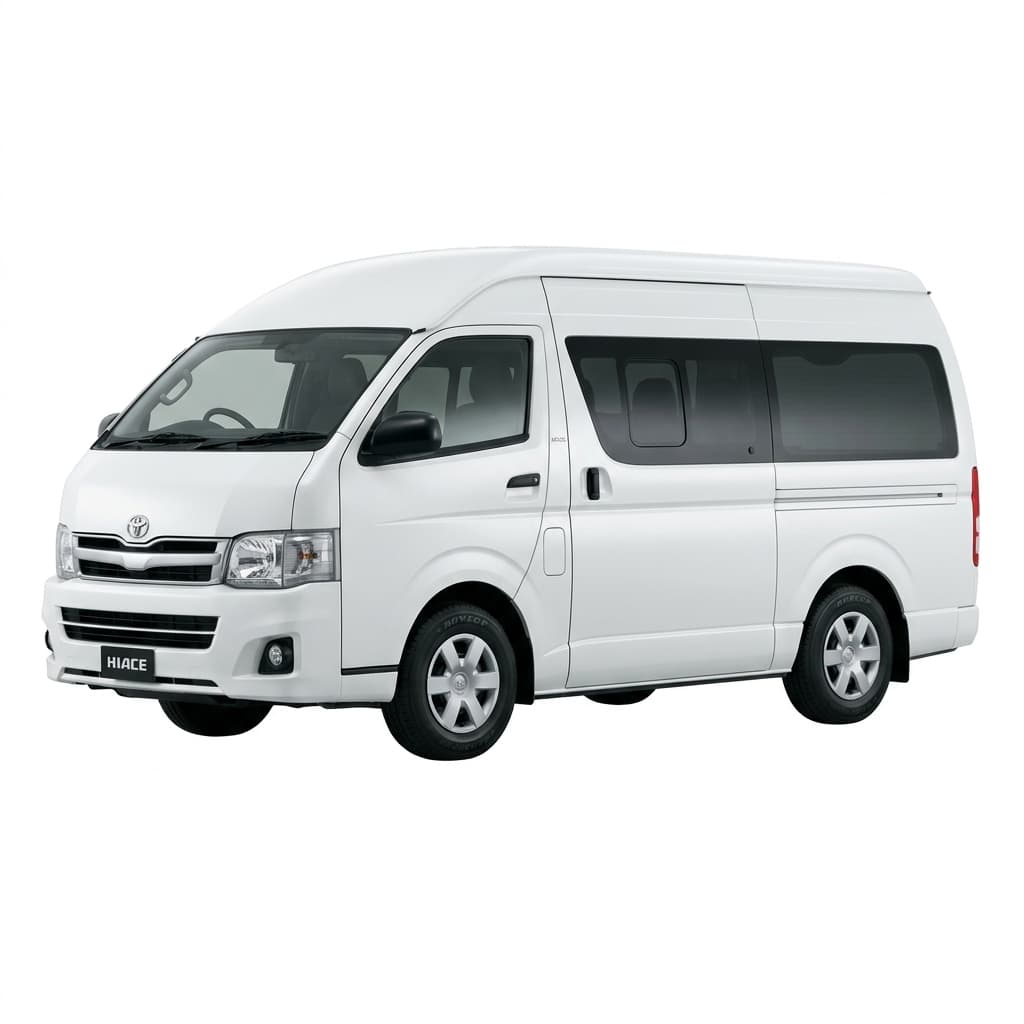 White Toyota HiAce passenger van, representative of our tour van fleet vehicle